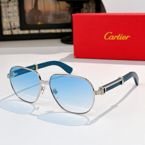 Silver-tone square sunglasses with blue lenses and blue temple arms.