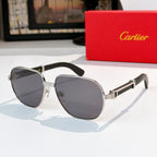Silver-tone cat-eye sunglasses with dark gray lenses and black temple arms.