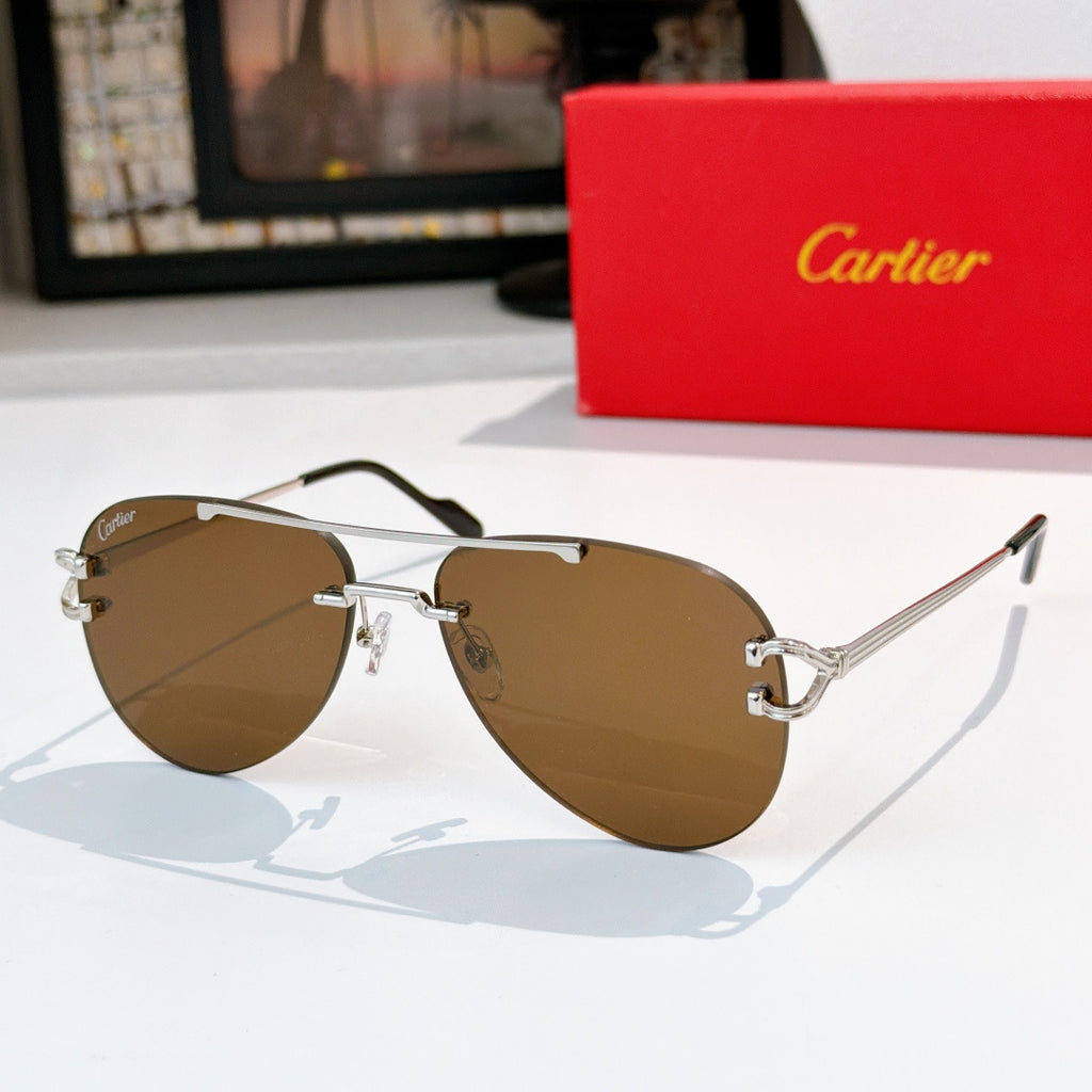 Aviator sunglasses with gold and silver metal frame and brown tinted lenses