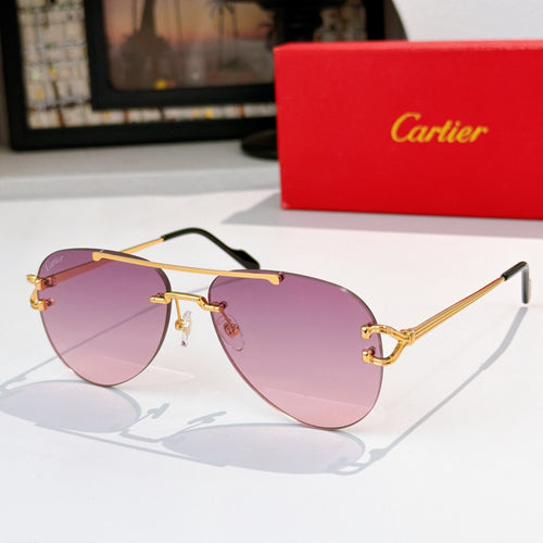 Aviator sunglasses with gold metal frame and purple-pink tinted lenses