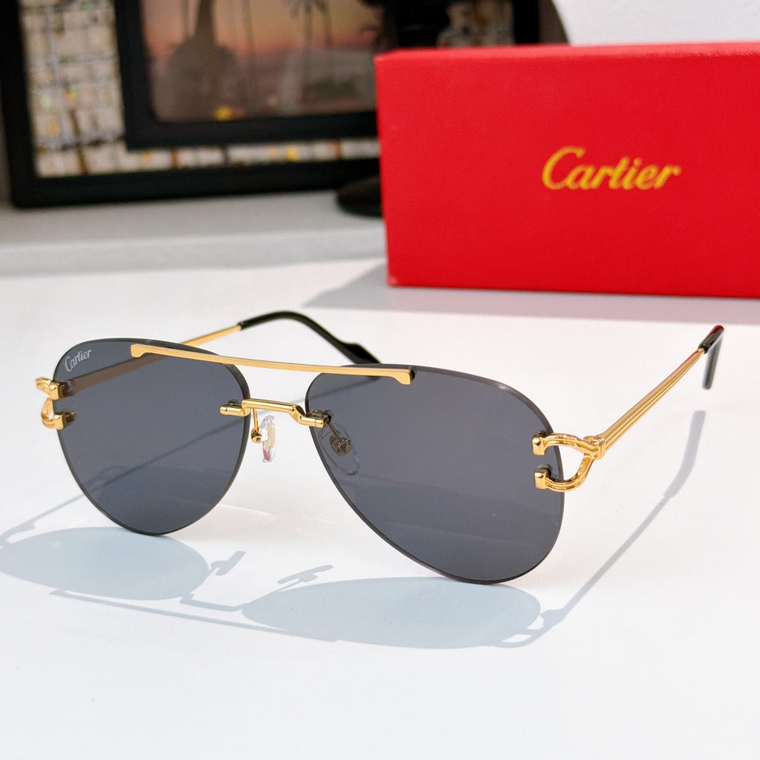 Aviator sunglasses with gold metal frame and dark blue tinted lenses