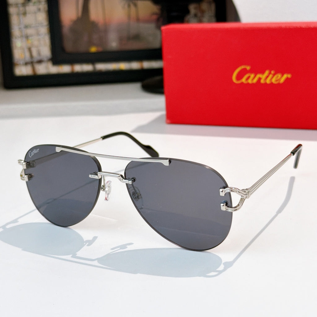 Aviator sunglasses with silver metal frame and dark gray tinted lenses