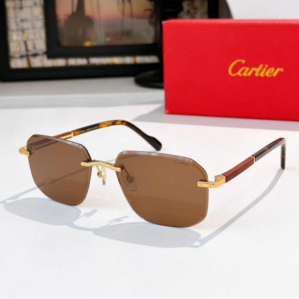 Cartier glasses with brown-tinted lenses and dark frame, gold-tone hinges and arms