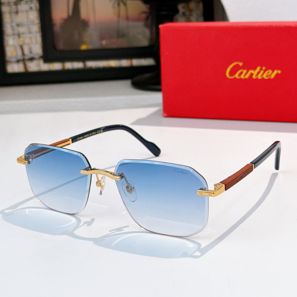 Cartier glasses with dark frame and light blue lenses, gold-tone bridge and hinges