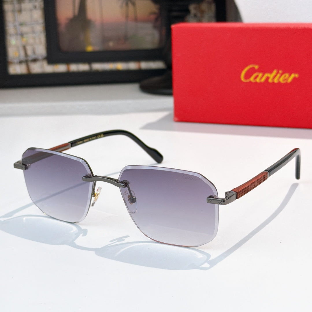 Cartier glasses with dark frame and purple-tinted lenses, gold-tone hinges and arms