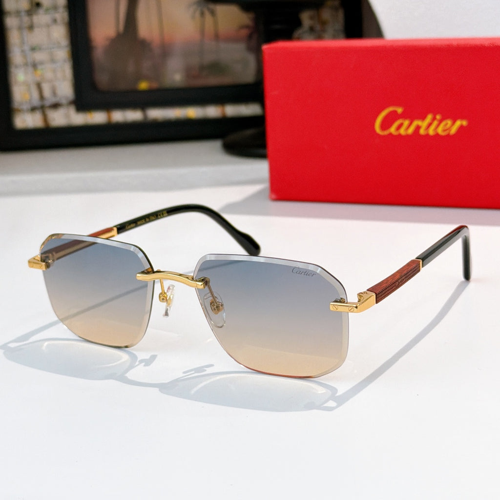Cartier glasses with dark frame and warm gradient lenses, gold-tone bridge hardware