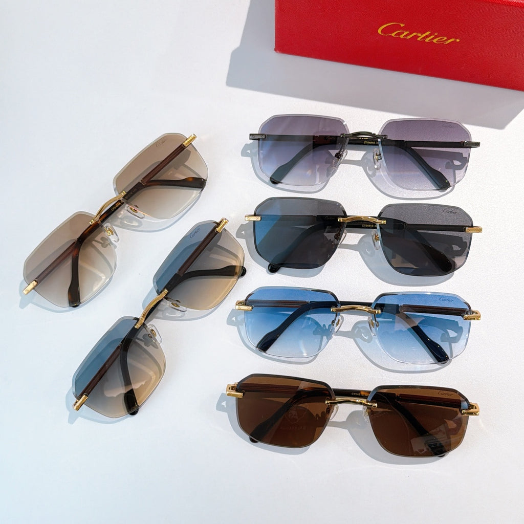 Cartier glasses display of multiple frames with tinted lenses and gold-tone hardware