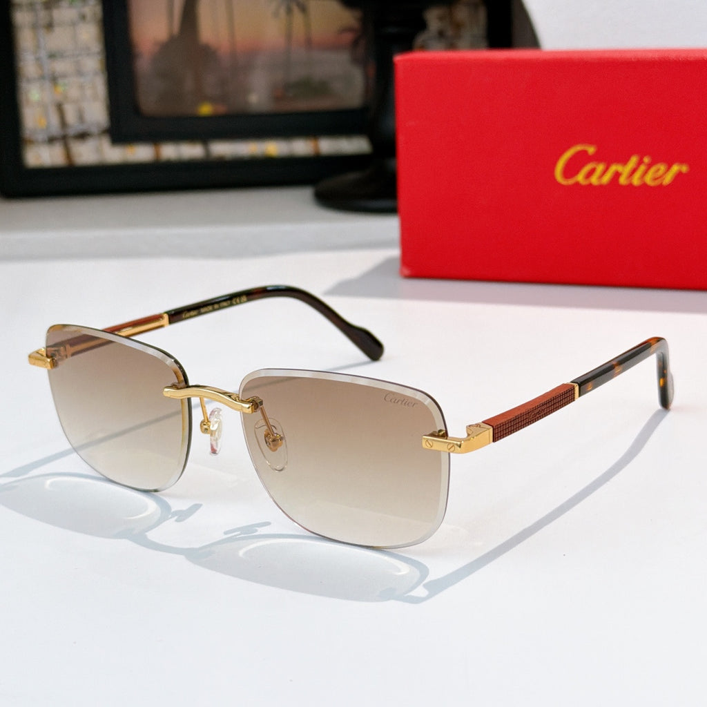 Cartier glasses with warm tan lenses, gold metal frame, tortoise temple accents