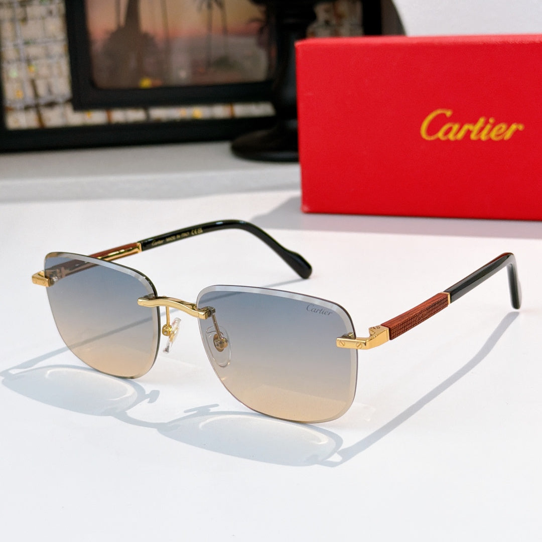 Cartier glasses with clear-to-tan lenses, gold metal frame, tortoise temple accents