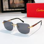 Cartier glasses with dark gray lenses, gold metal frame, tortoise temple accents