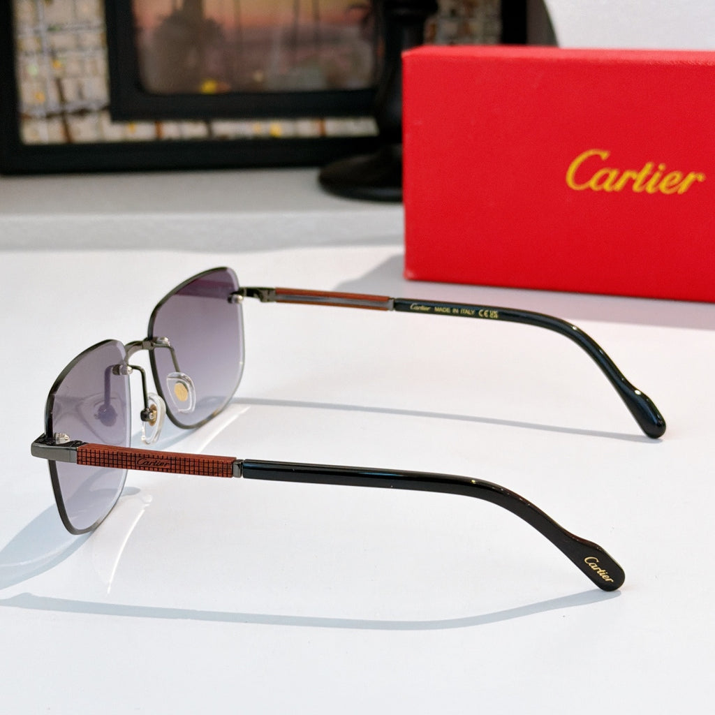 Cartier glasses with purple lenses and slim metal temples, tortoise front accent bar