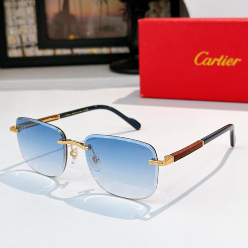 Cartier glasses with light blue lenses, gold metal frame, tortoise temple accents