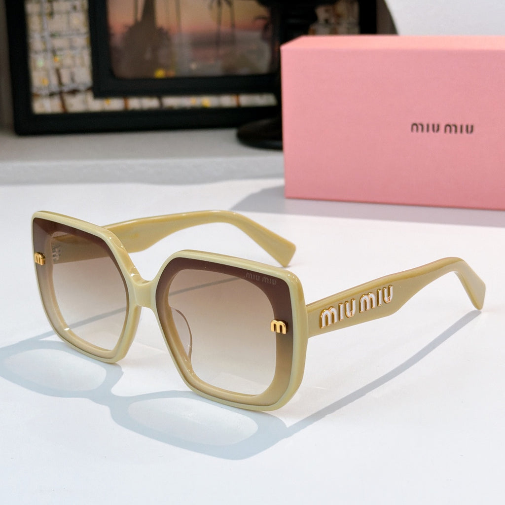 MiuMiu sunglasses, light cream square frames with logo on temples