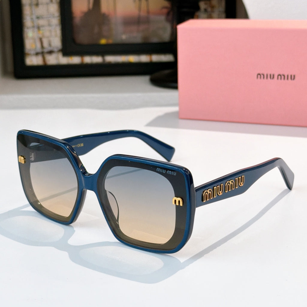 MiuMiu sunglasses, blue square frames with logo on temples