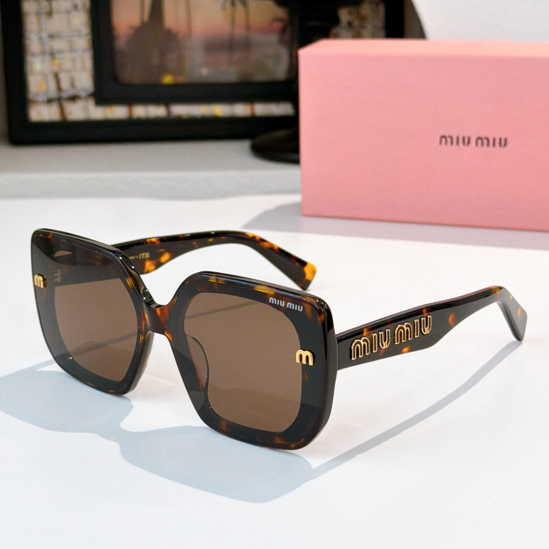 MiuMiu sunglasses, tortoiseshell square frames with logo on temples
