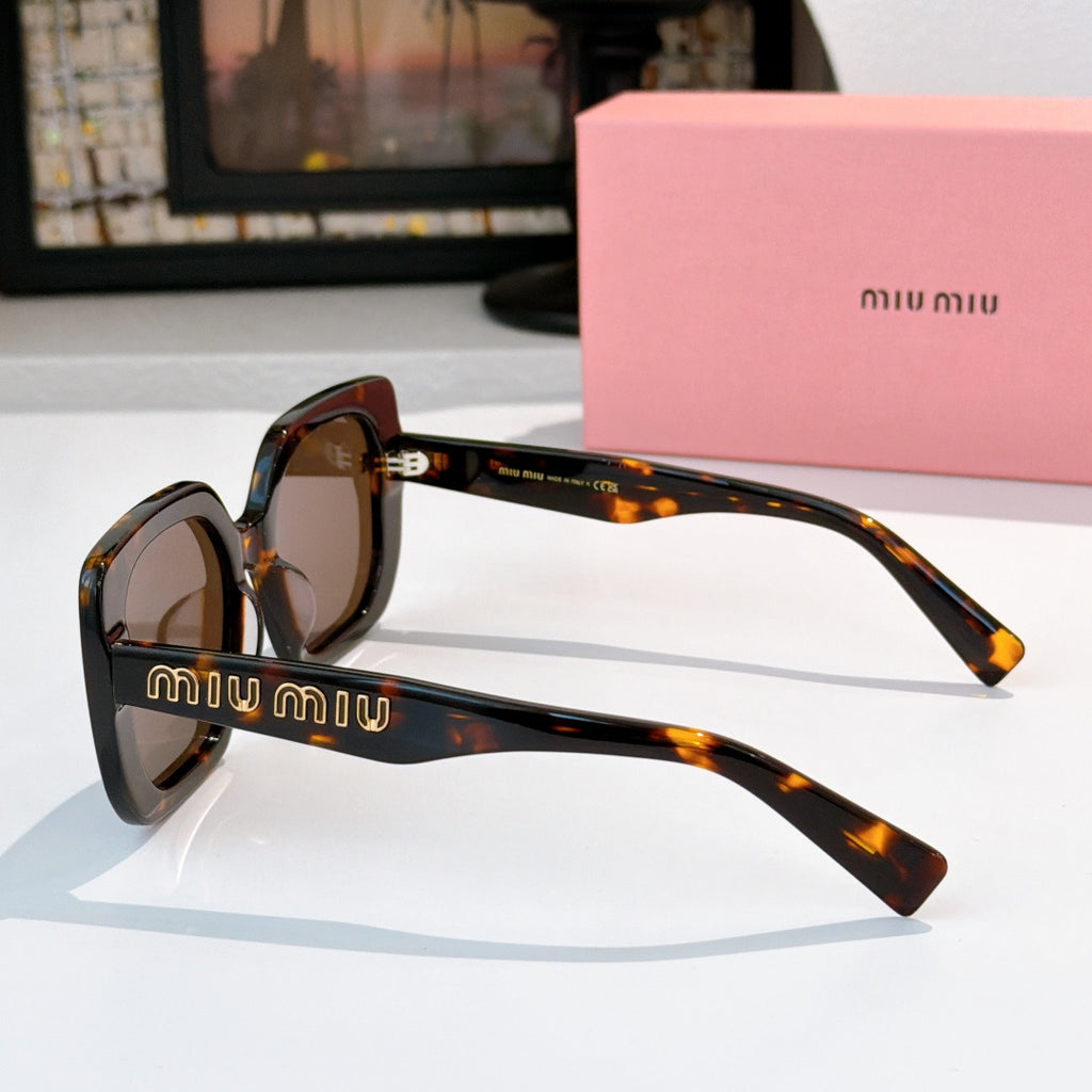 MiuMiu sunglasses, tortoiseshell frames with logo detail on temple arms