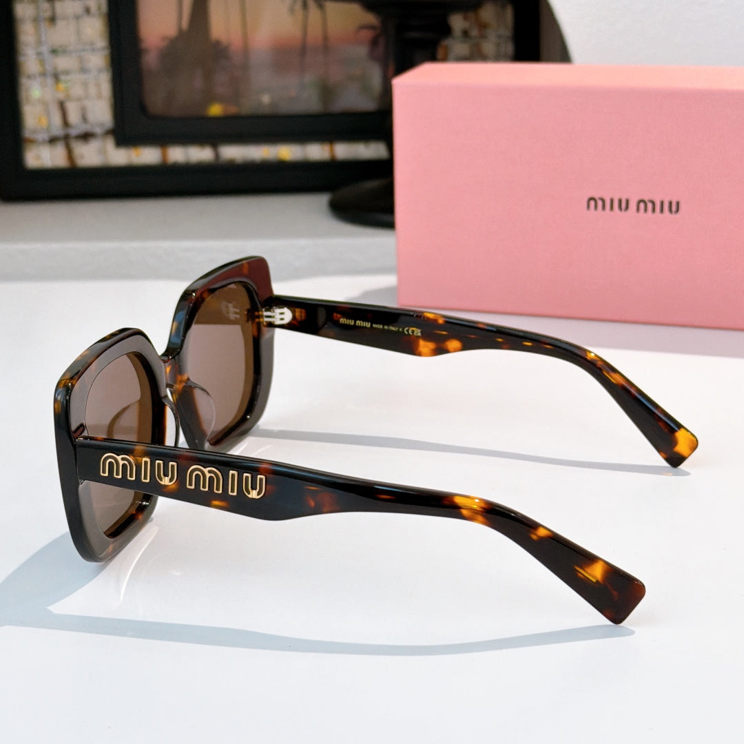 MiuMiu sunglasses, tortoiseshell frames with logo detail on temple arms