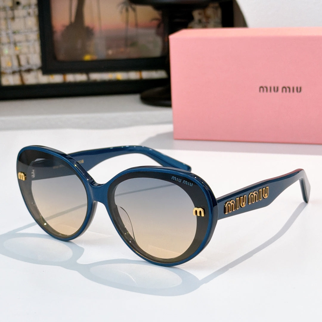 MiuMiu round sunglasses, blue frames, light tinted lenses