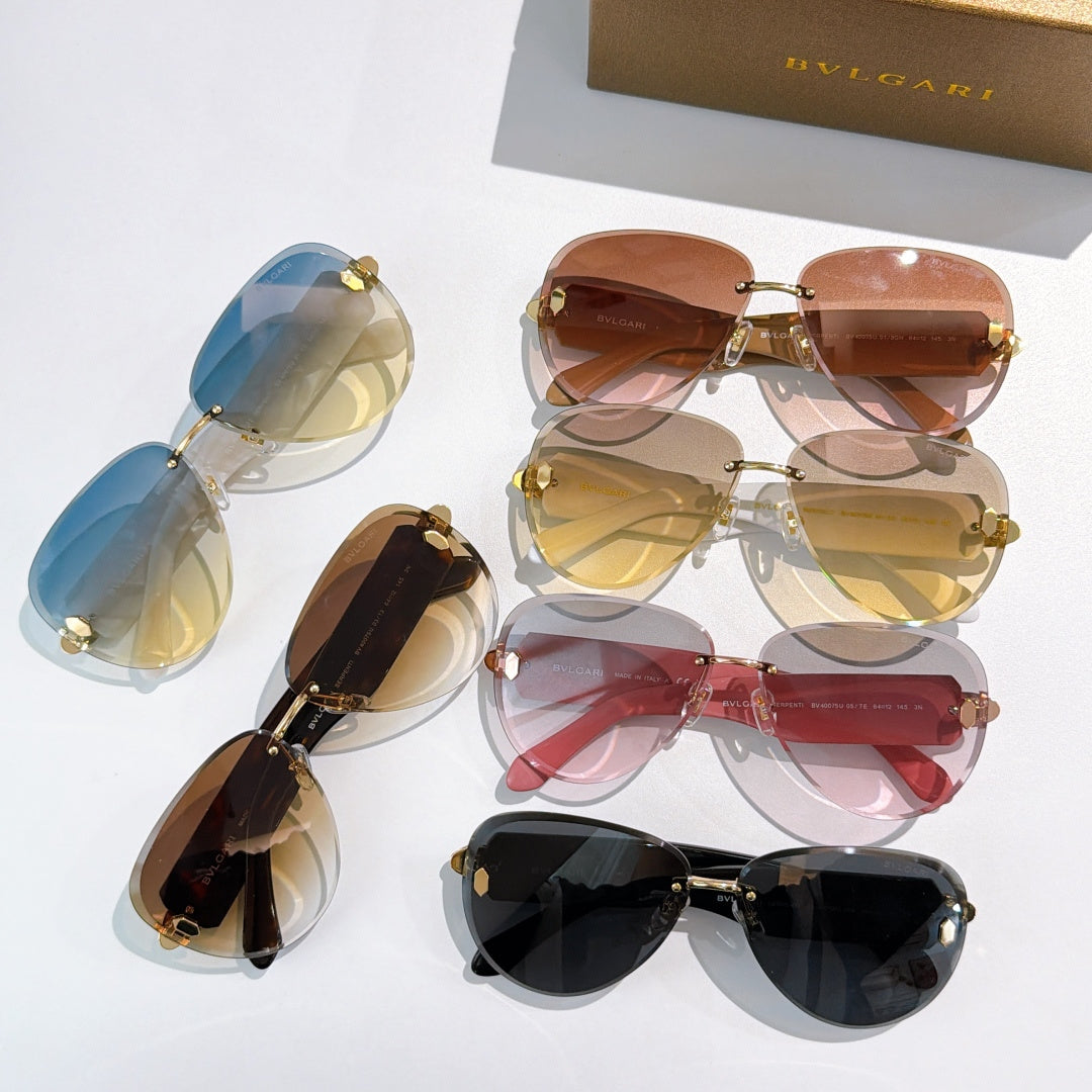 Bvlgari sunglasses assortment: blue, brown, red, and black frames with gold accents.