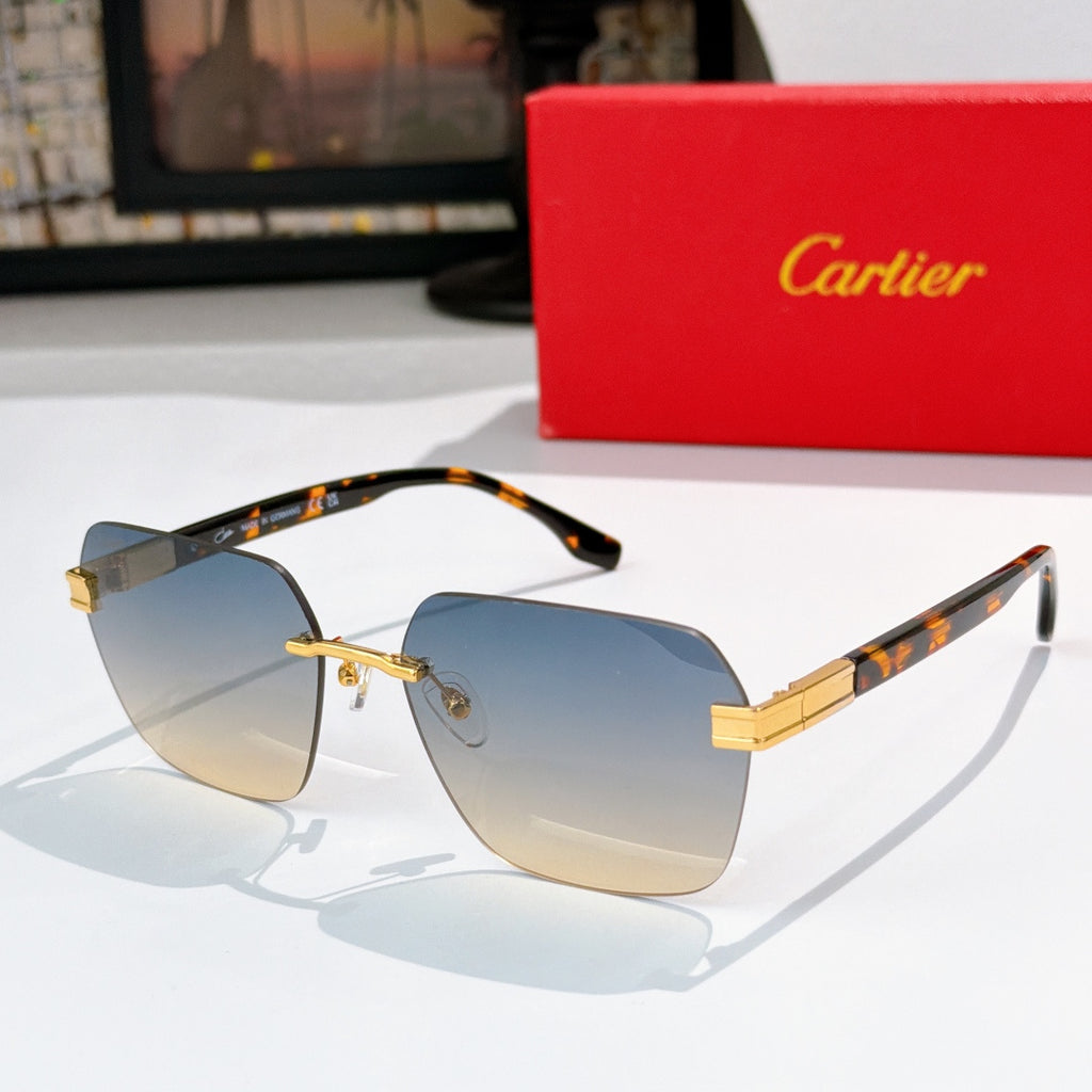 Designer glasses with tortoiseshell frame and blue-tinted gradient lenses, gold accents