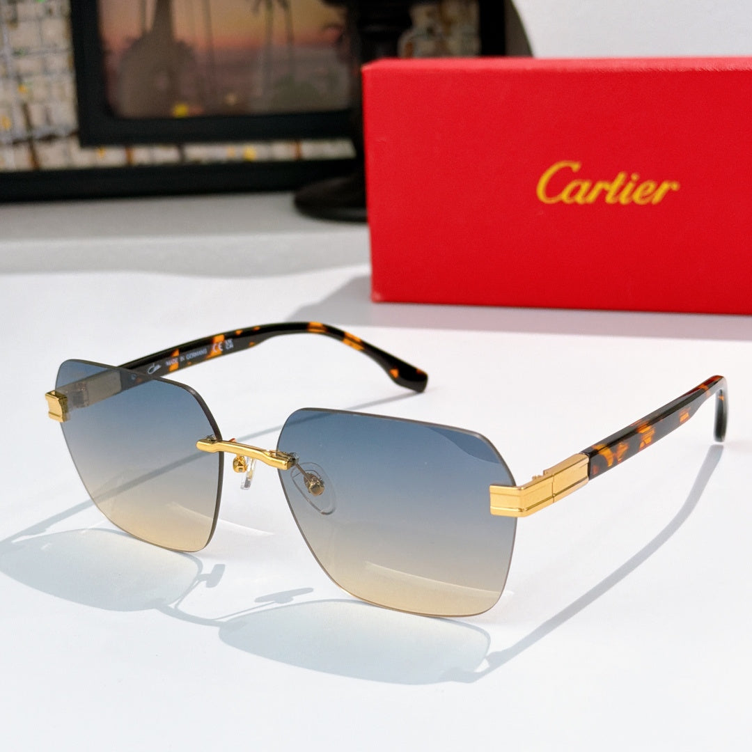 Designer glasses with tortoiseshell frame and blue-tinted gradient lenses, gold accents