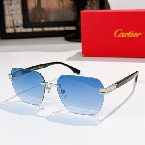 Designer glasses with black frame and blue-tinted gradient lenses, gold bridge detail
