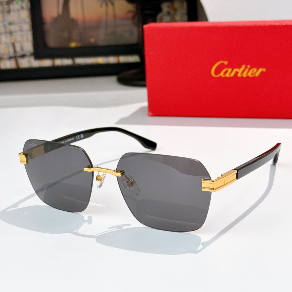 Designer glasses with black frame and dark gray-tinted lenses, gold hinge accents
