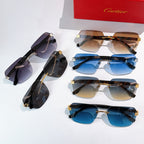 Set of designer glasses with multiple frame colors and tinted lenses, gold hinge accents