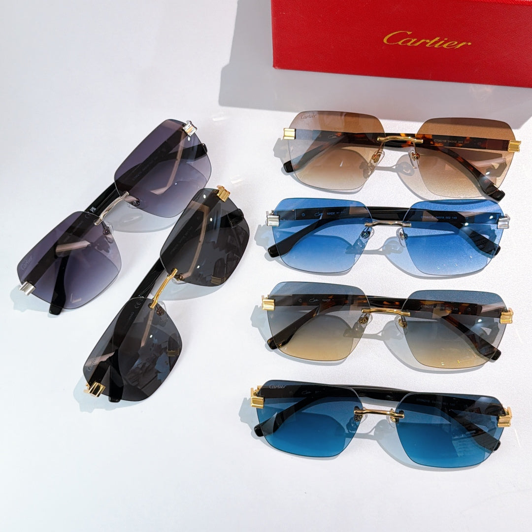 Set of designer glasses with multiple frame colors and tinted lenses, gold hinge accents