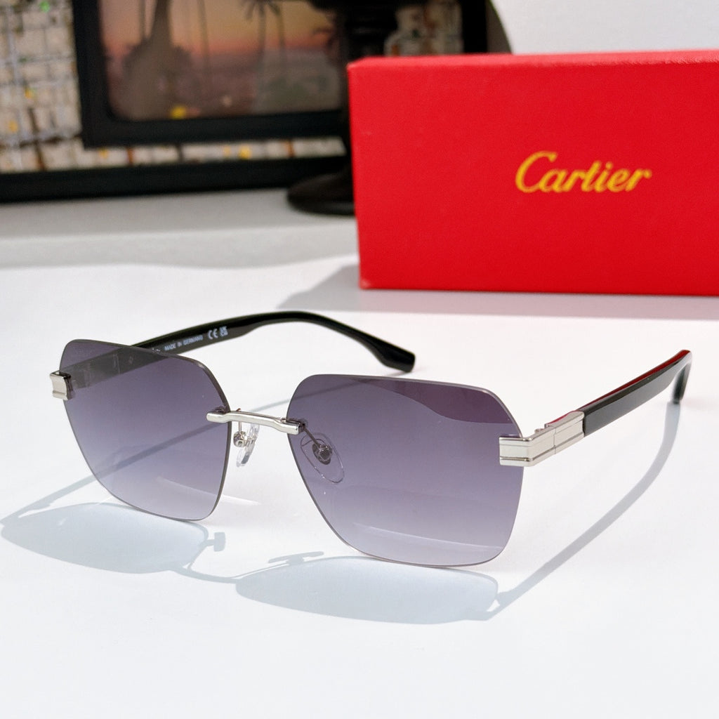 Designer glasses with black frame and purple-tinted gradient lenses, gold hinge accents