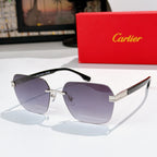 Designer glasses with black frame and purple-tinted gradient lenses, gold hinge accents