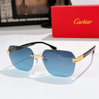 Designer glasses with black frame and blue-tinted gradient lenses, gold hinge hardware