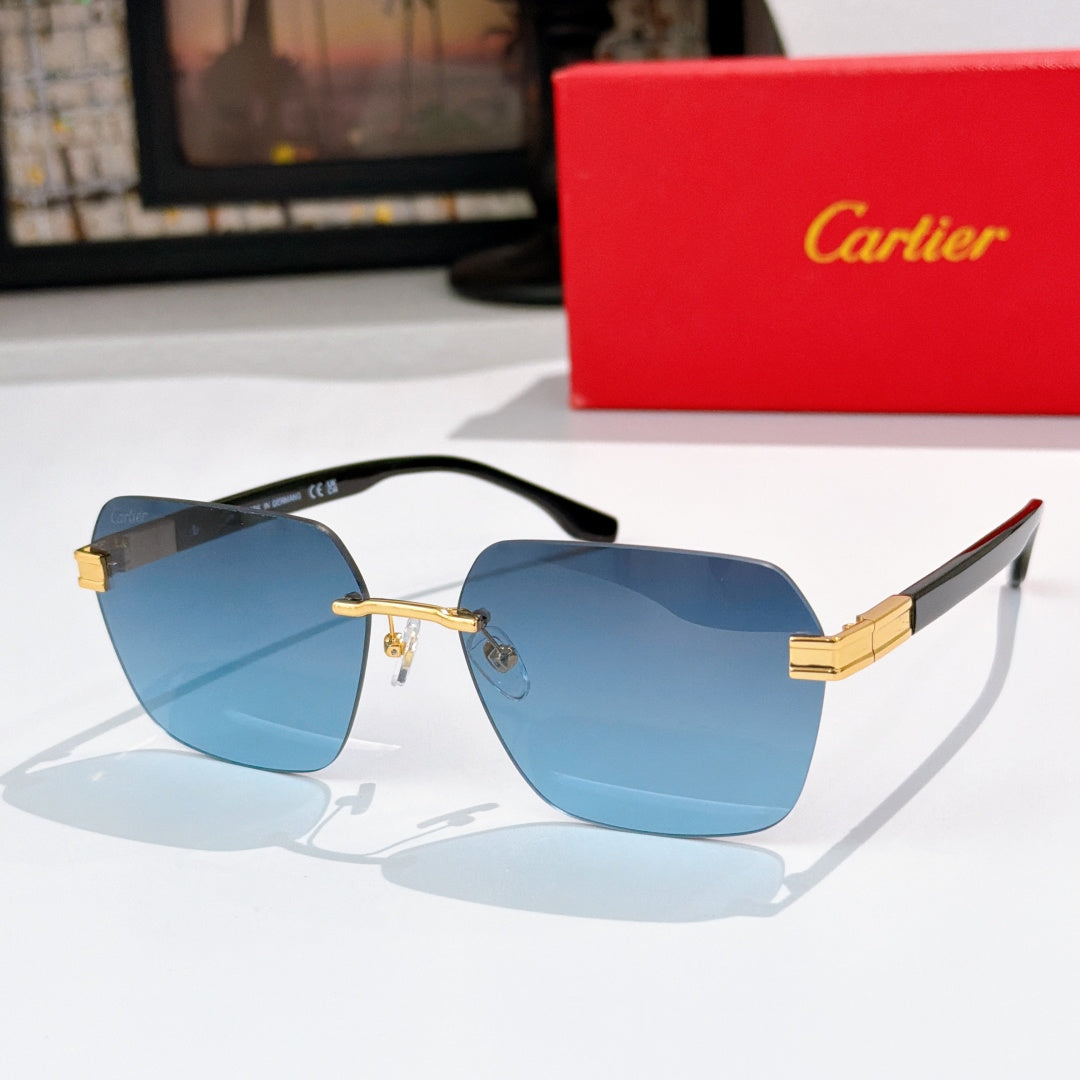 Designer glasses with black frame and blue-tinted gradient lenses, gold hinge hardware