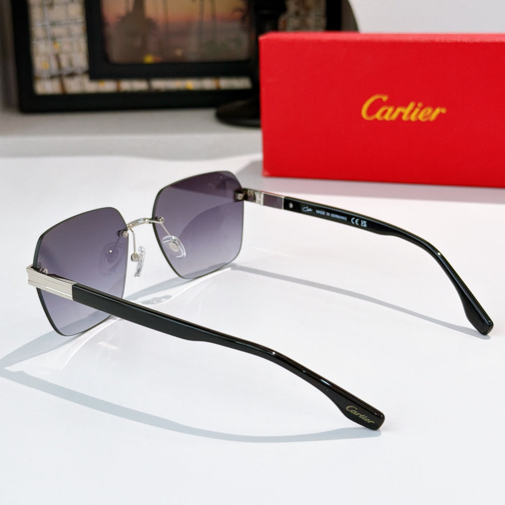 Designer glasses with black frame and purple-tinted lenses, side profile view