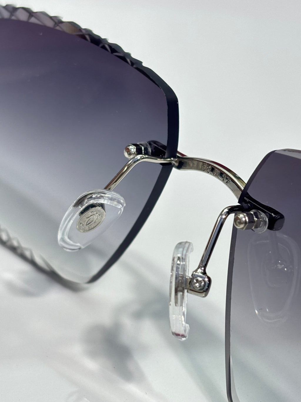 Eyeglasses hinge detail with clear lenses and metal frame; dark temple and arm
