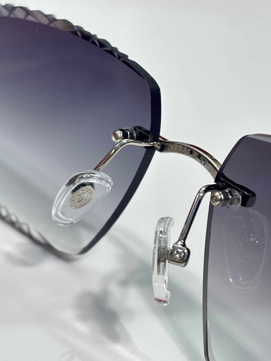 Eyeglasses hinge detail with clear lenses and metal frame; dark temple and arm