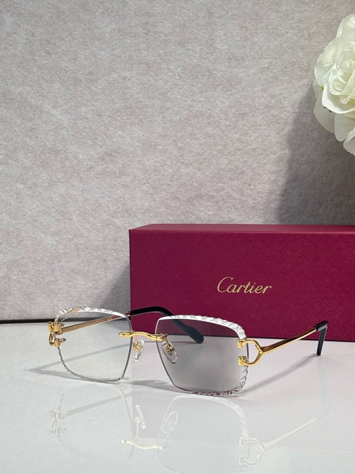 Eyeglasses with clear lenses, gold and silver metal rectangular frame, dark arms