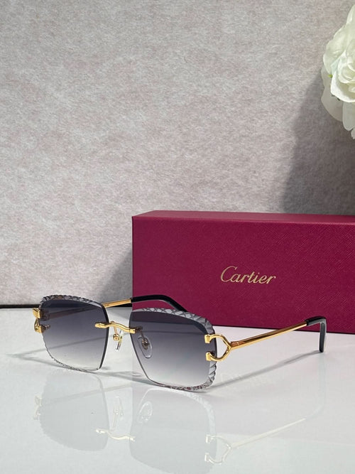 Cartier glasses with gold frame, dark lenses, and navy side arms