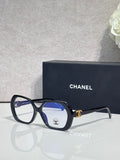 Eyeglasses with dark blue frame, blue lenses, CHANEL logo on temple