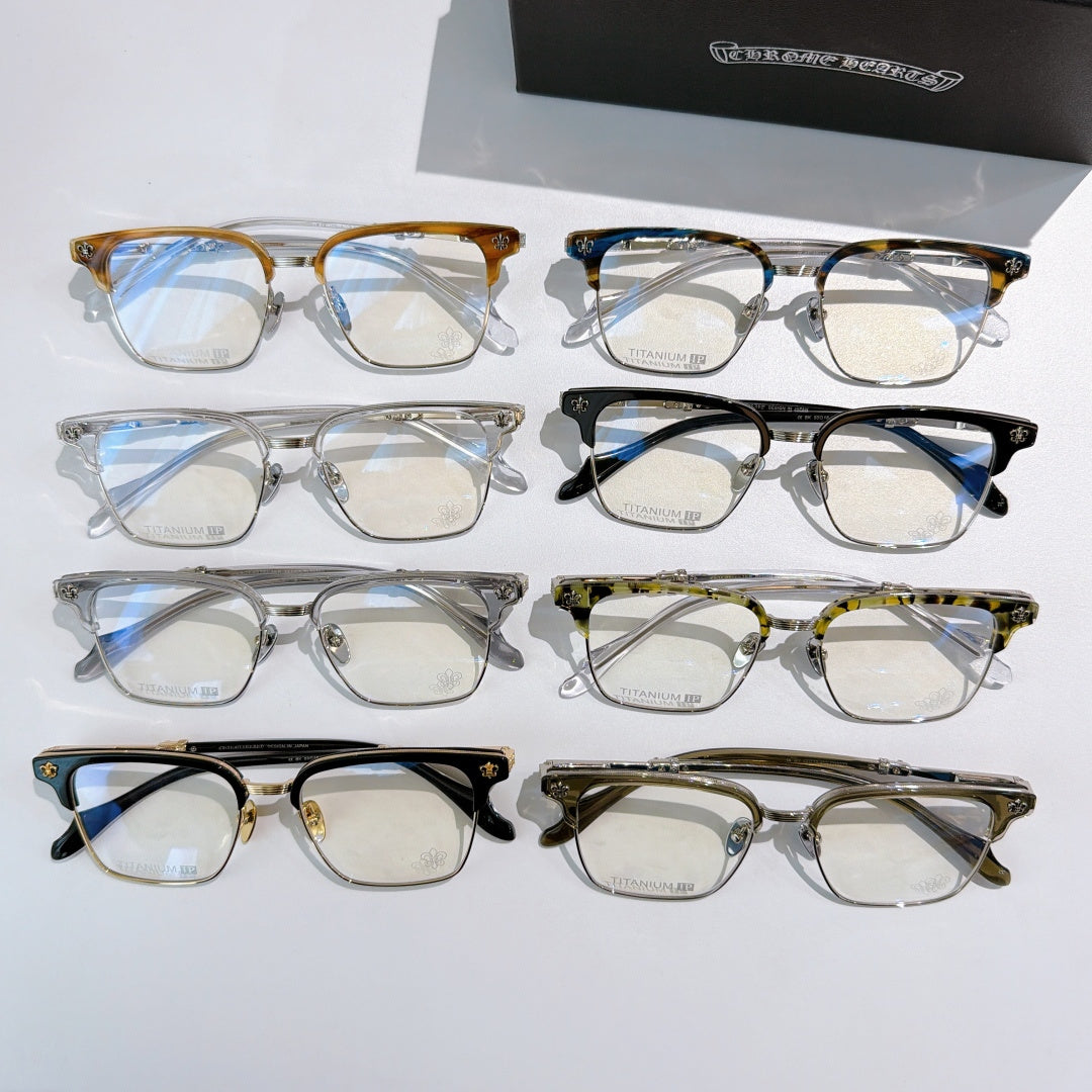 Assorted eyeglasses with clear lenses and mixed frame colors, arranged in rows