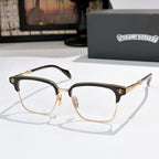 Square eyeglasses with clear lenses, black frame, and gold patterned temple details