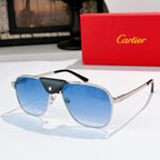 Sunglasses with silver frames, blue tinted lenses, and black leather detail at the bridge