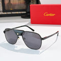 Sunglasses with dark frames, mirrored dark lenses, and a black leather detail at the bridge