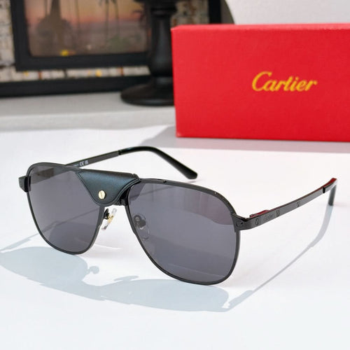 Sunglasses with dark frames, mirrored dark lenses, and a black leather detail at the bridge
