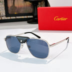 Sunglasses with silver frames, blue tinted lenses, and black leather bridge detail