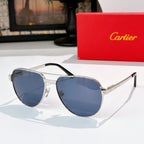 Aviator-style sunglasses with silver frame and blue-tinted lenses