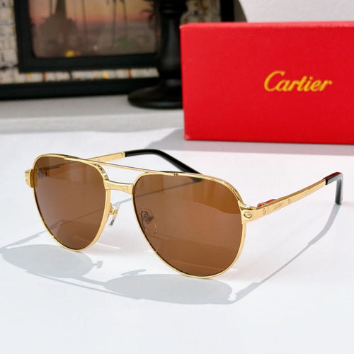 Aviator-style sunglasses with gold frame and brown-tinted lenses