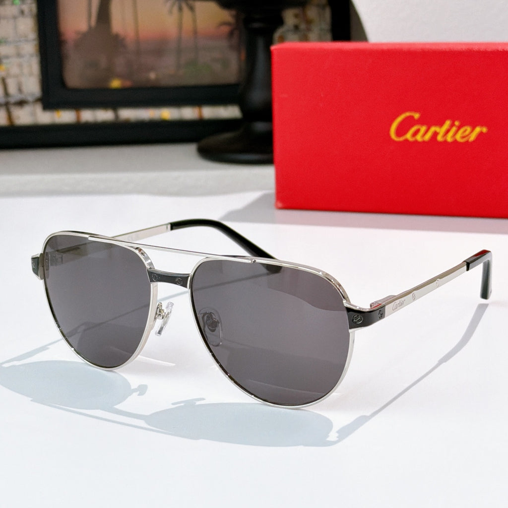 Aviator-style sunglasses with silver frame and dark gray lenses