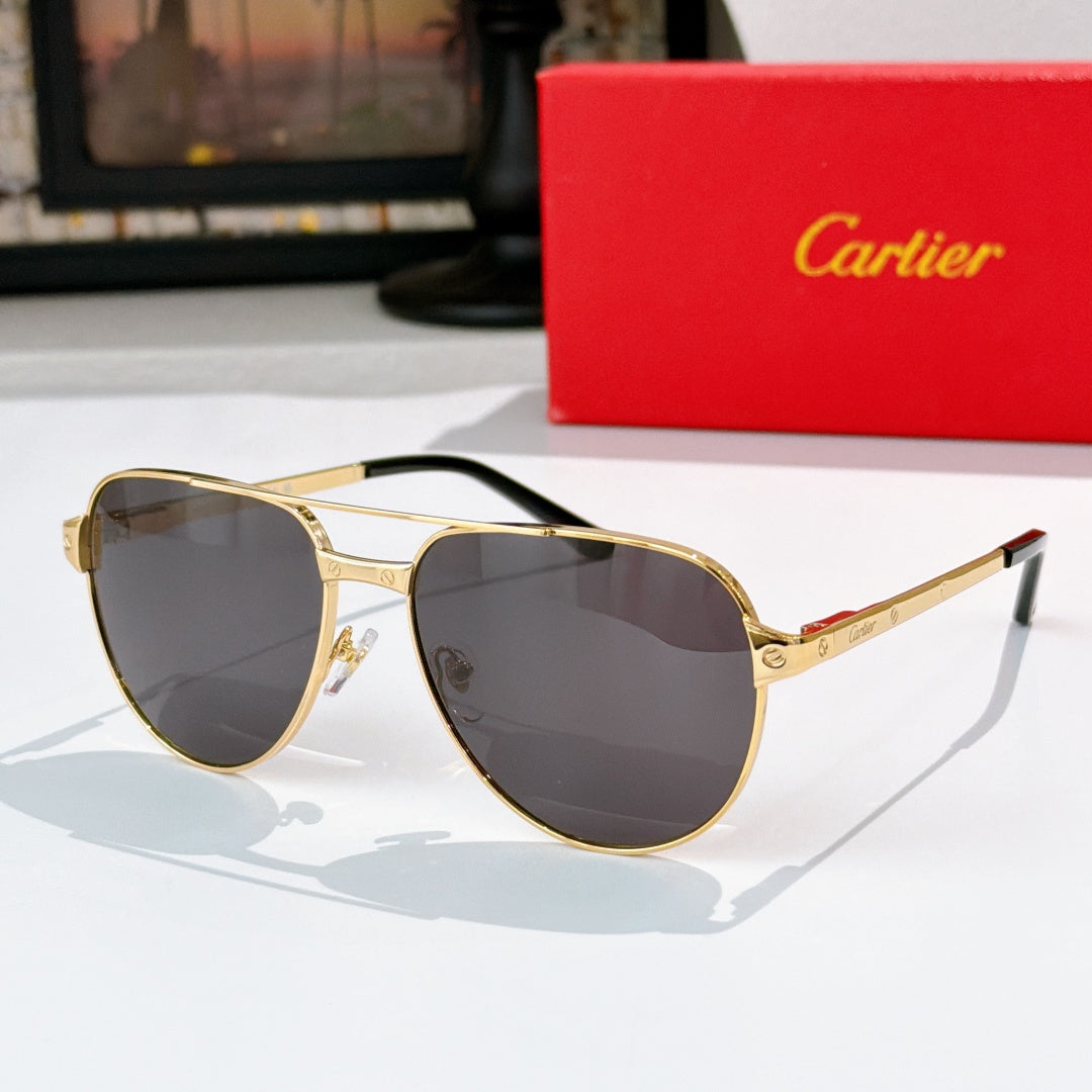 Aviator-style sunglasses with gold frame and dark gray lenses