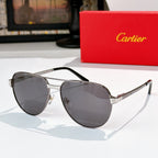 Aviator-style sunglasses with silver frame and smoky black lenses